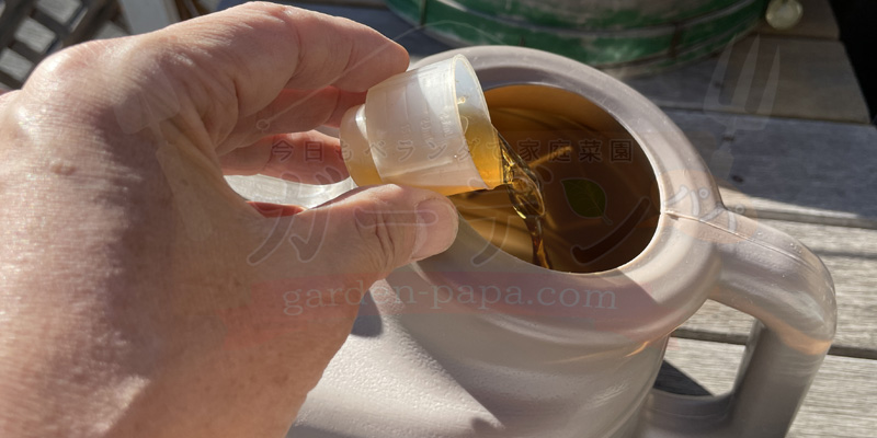 木酢液を水で薄めてじょうろに入れている様子