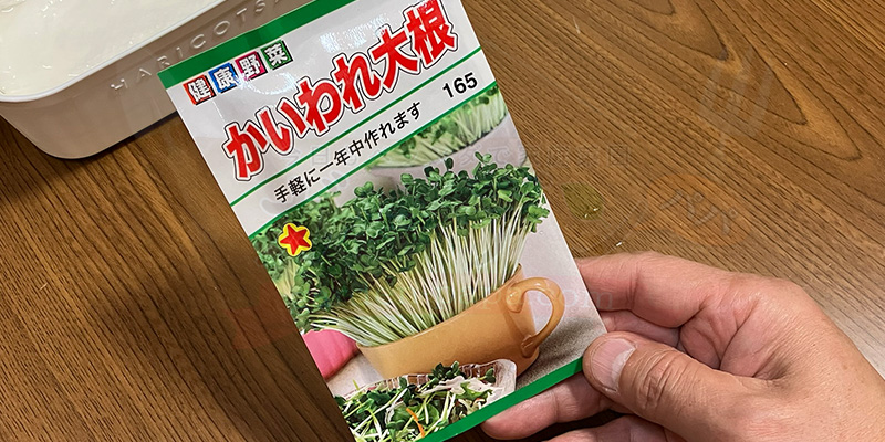 かいわれ大根の育て方|根元の白いふわふわ(カビ)の見分け方と2回目の収穫 かいわれ大根の種が入った健康野菜さん商品写真